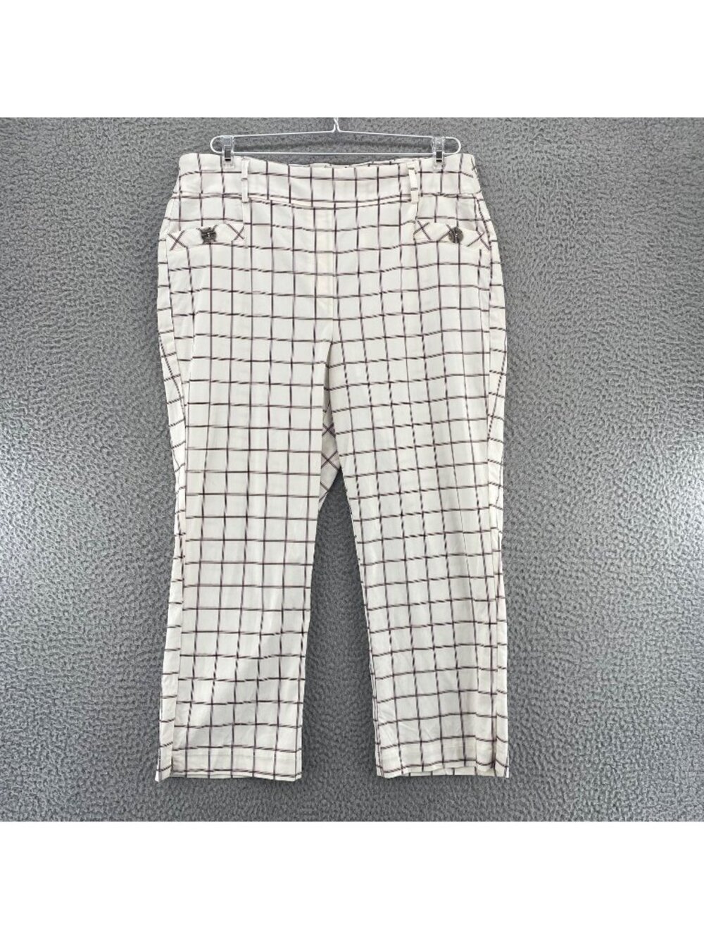 Cato Pants Womens 16 Ivory Pink Grid Check Stretch Crop Capri Trousers Pockets